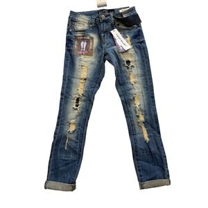 Cover Girl Skinny‎ Jeans Juniors 3/4 Blue Med Wash Mid Rise Distressed 27x29